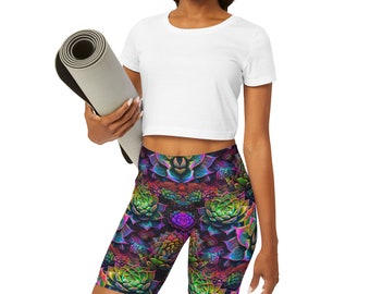 Yoga-Shorts mit hoher Taille, Yoga-Shorts mit Kaktusblumen-Print, lebendige Trainingshose, saftige Activewear, farbenfrohe Gym-Shorts für Frauen