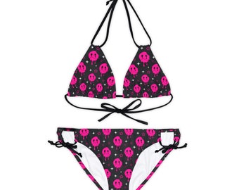 Bikini noir smiley, maillot de bain punk rock avant-gardiste, maillots de bain style emo, vêtements de plage rétro, bikini d'été amusant, rose