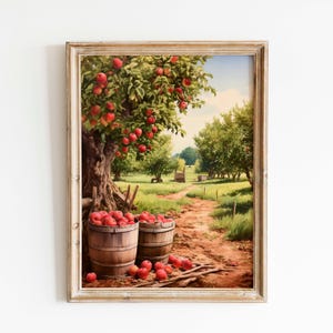 Apple Orchard Watercolor Print, Rustic Ripe Apples & Vintage Barrels, Kitchen Wall Decor, Fruit Harvest Gift