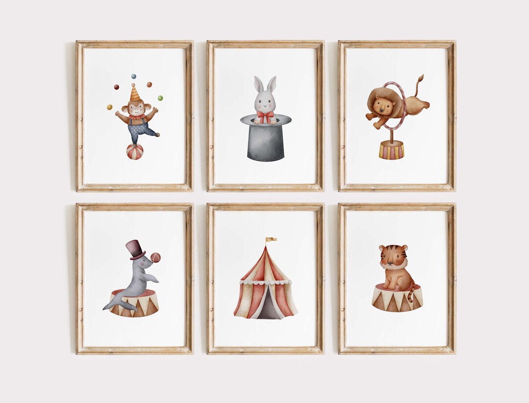 Whimsical Circus Animal Watercolor Prints Set of 6: Vintage Nursery ...