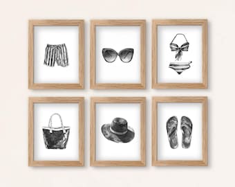 Conjunto de arte mural de ropa de playa en blanco y negro: impresiones de trajes de baño, bañadores y accesorios (descarga digital)