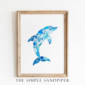 Watercolor Dolphin Sea Glass Art, Blue Mosaic Ocean Animal Print, Coastal Digital Download, Minimalist Beach Decor
