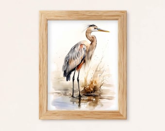 Blue Heron Watercolor Painting, Bird Wall Art Print, Coastal Home Decor (Digital Download)