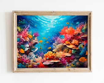Colorful Coral Reef Oil Painting, Vibrant Ocean Ecosystem Digital Download, Nautical Wall Art Gift