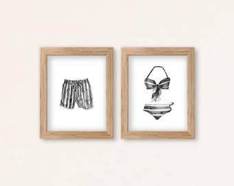 Juego de láminas vintage de trajes de baño en acuarela: Arte mural costero en blanco y negro (láminas físicas)