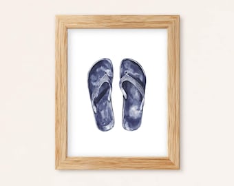 Navy Flip-Flops Watercolor Print: Coastal Minimal Wall Art (Physical Print)