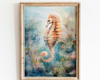 Impresión de acuarela de caballito de mar: Arte mural costero con vida marina (descarga digital)