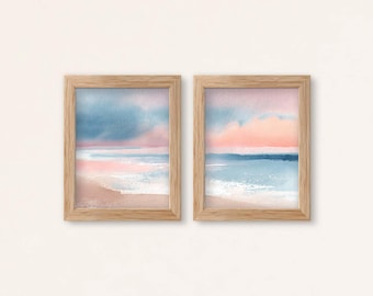 Pastel Coastal Watercolor Prints Set Of 2: Soft Beach Seascape Wall Art (Digital Download)