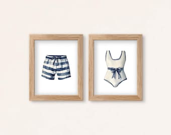 Conjunto de Impressões em Aquarela de Trajes de Banho Vintage: Arte de Parede com Tema de Praia, Decoração Náutica (Impressões Físicas)