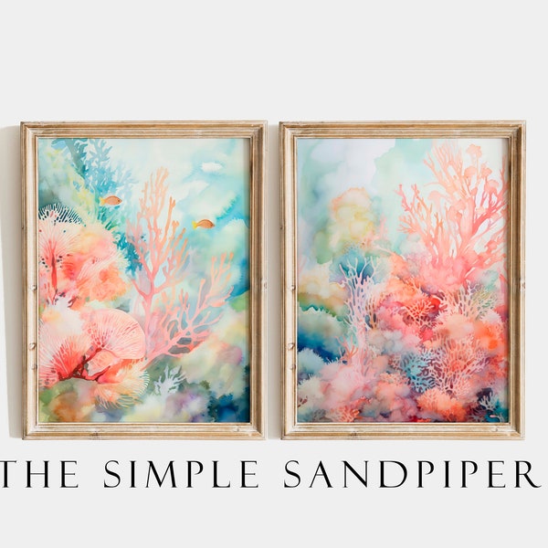 Coral Reef Watercolor Set of 2, Nautical Sea Life Wall Art, Under the Sea, Instant Print Digital Download, The Simple Sandpiper
