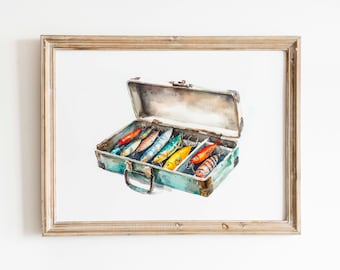 Fishing Lures Watercolor Art Print, Detailed Vintage Tacklebox Illustration for Cabin Walls & Outdoorsman Gift, Digital Download