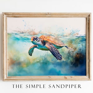 Sea Turtle Watercolor Print, Wildlife Seascape Wall Art, Coastal Instant Prints, Nautical Digital Download, The Simple Sandpiper