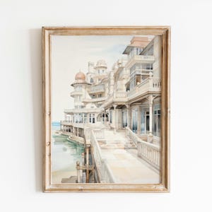 Waterfront Mansion Print, Tranquil Coastal Watercolor, Seascape Wall Art, Digital Download Gift