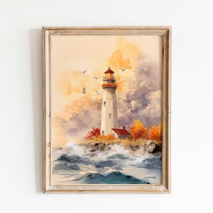 Impresión de acuarela de un faro costero: Paisaje costero otoñal (descarga digital)