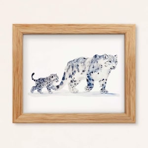 Snow Leopard and Cub Watercolor Print, Safari Nursery Art (Digital Download)