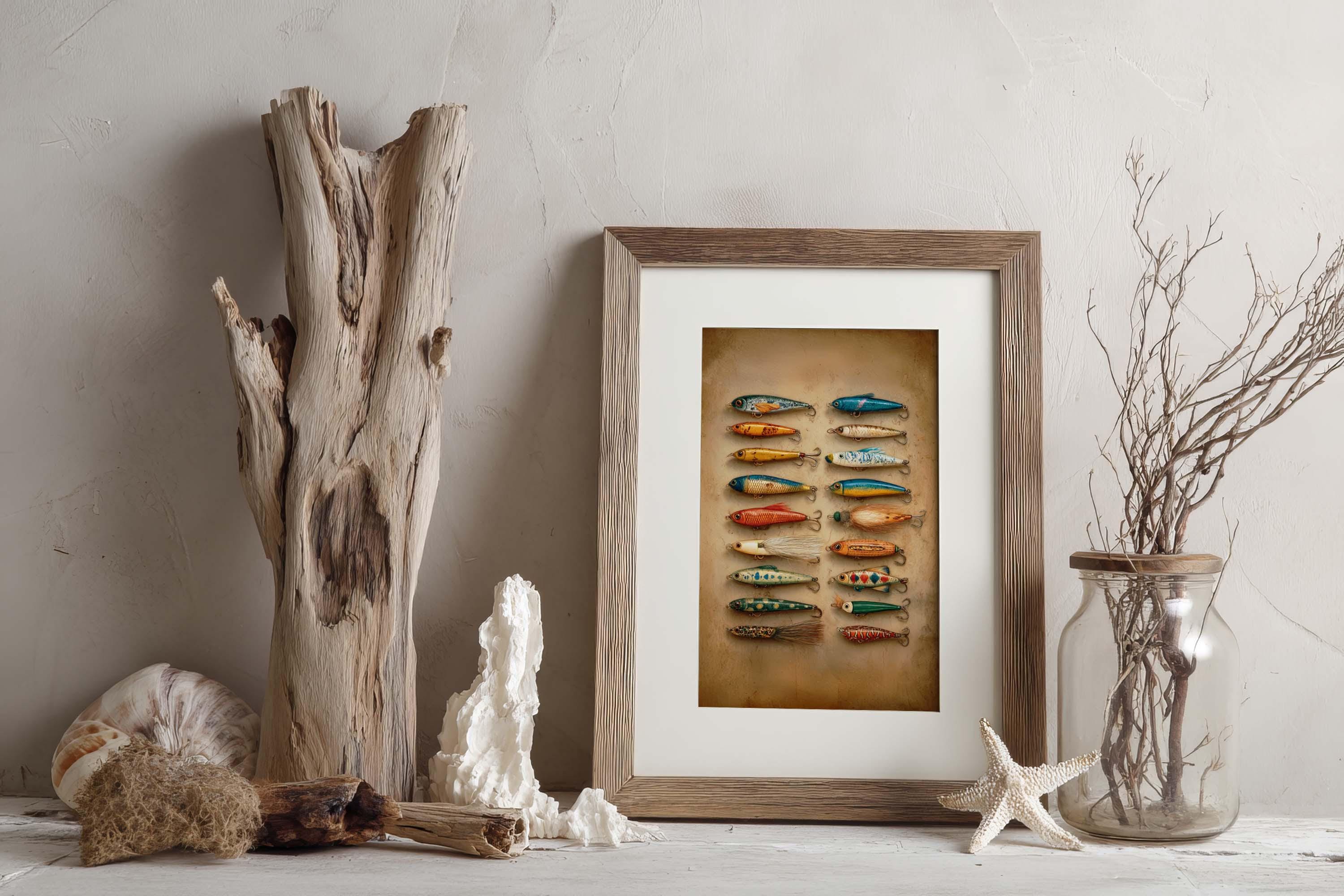 ビンテージフライフィッシングルアー水彩画：素朴なキャビンウォール