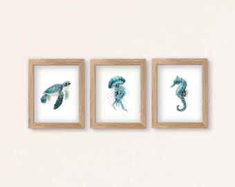 Aquarelprints kust, zeeschildpad, kwal, zeepaardje (digitale download)