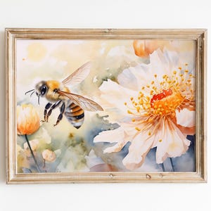 Honey Bee Watercolor Print, Delicate Blossom Digital Download, Farmhouse Wall Art, Rustic Nature Gift