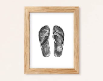 Lámina de acuarela de chanclas en blanco y negro: Arte mural minimalista costero (Impresión física)