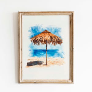 Beach Umbrella Watercolor Print: Minimalist Coastal Art (Digital Download)
