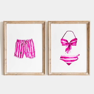 Vintage Swimsuit Watercolor Art Print: Pink Stripes, Coastal Decor (Digital Download)