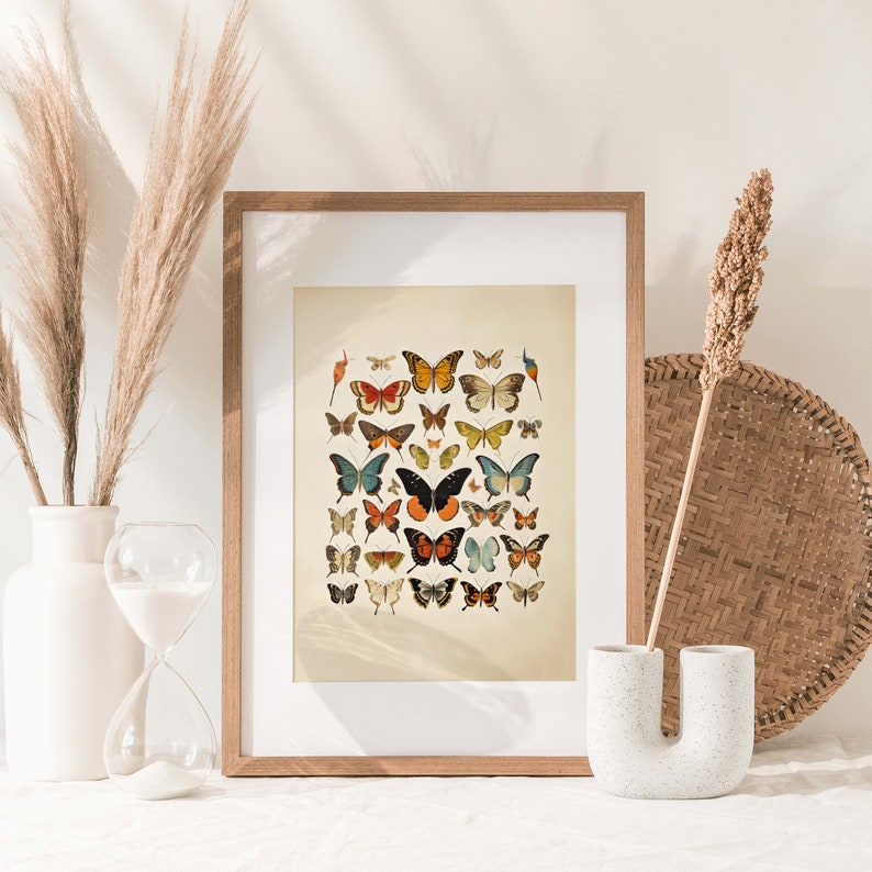 Step into a world of enchantment with this captivating vintage-inspired butterfly watercolor print. It pays homage to the delicate and diverse beauty of antique butterflies and moths, rendered in an array of vivid colors that evoke a sense of wonder.