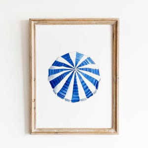 Blue Striped Beach Umbrella Watercolor Print: Coastal Summer Art (Digital Download)