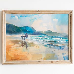 Family Beach Walk Watercolor Print: Coastal Family Art (Digital Download)
