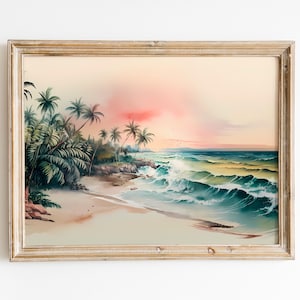 Watercolor Beach Palm Tree Print: Coastal Seascape Wall Art (Digital Download)