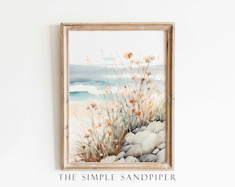 Coastal Botanical Print, Neutral Seascape Floral Wall Art, Wildflowers Instant Prints, Neutral Digital Download The Simple Sandpiper