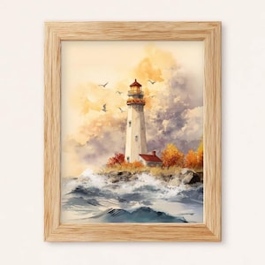 Lámina de acuarela de un faro costero: paisaje otoñal junto al mar (descarga digital)