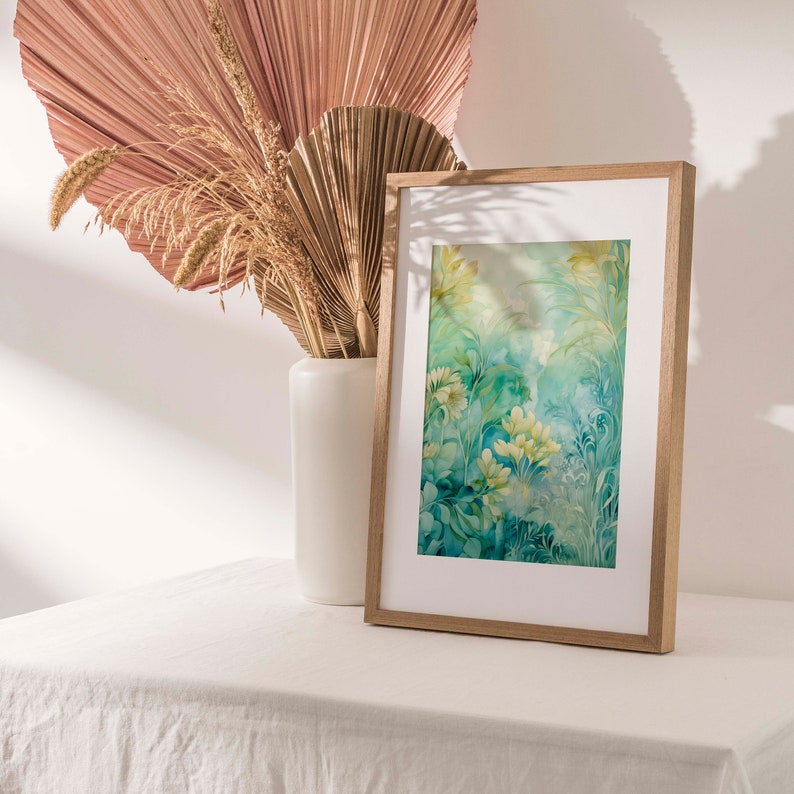 Vintage-inspired watercolor print with delicate foliage and blossoms in tranquil blue, calming green, and soothing beige tones, rendered in muted, dreamy colors, capturing timeless botanical elegance and the tranquil allure of coastal aesthetics.