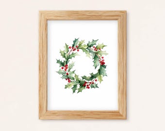 水彩画のクリスマスリースプリント：ヒイラギの実とツタ、喜び - Etsy 日本