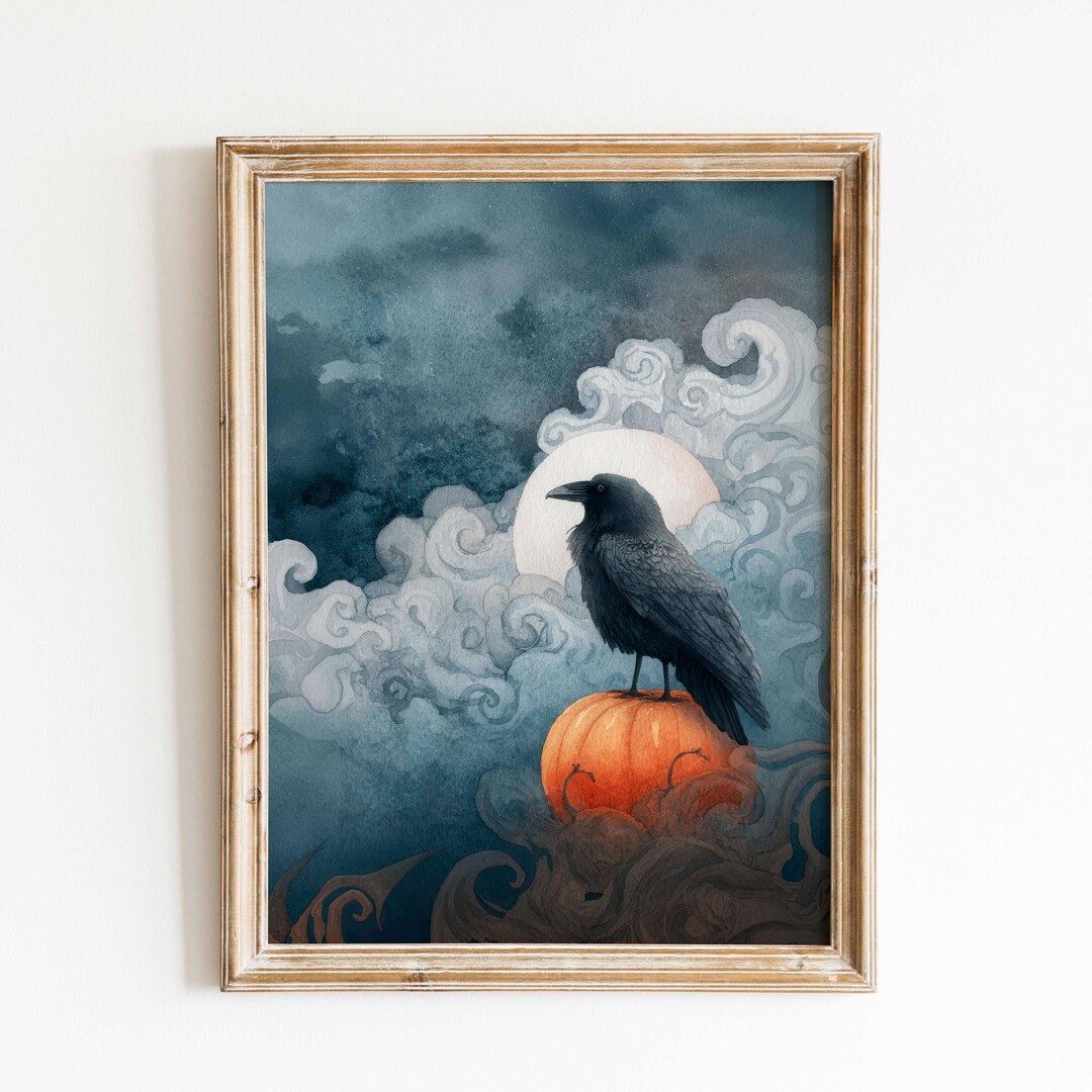 Raven on Pumpkin Halloween Print Dark Blue Moon Watercolor (digital