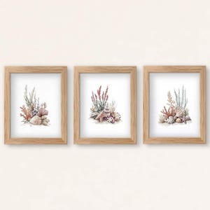 Aquarelprints kustschelpen: set van 3 neutrale strandgalerijwand (digitale download)