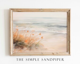 Neutral Beach Watercolor Painting, Seascape Wall Art, Coastal Instant Prints, Nautical Digital Download The Simple Sandpiper