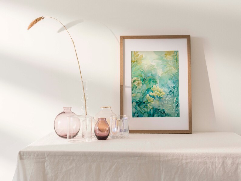 Vintage-inspired watercolor print with delicate foliage and blossoms in tranquil blue, calming green, and soothing beige tones, rendered in muted, dreamy colors, capturing timeless botanical elegance and the tranquil allure of coastal aesthetics.