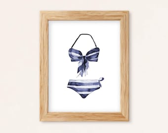 Vintage Striped Bikini Swimsuit Watercolor Art Print: Navy & White Coastal Decor (Physical Print)