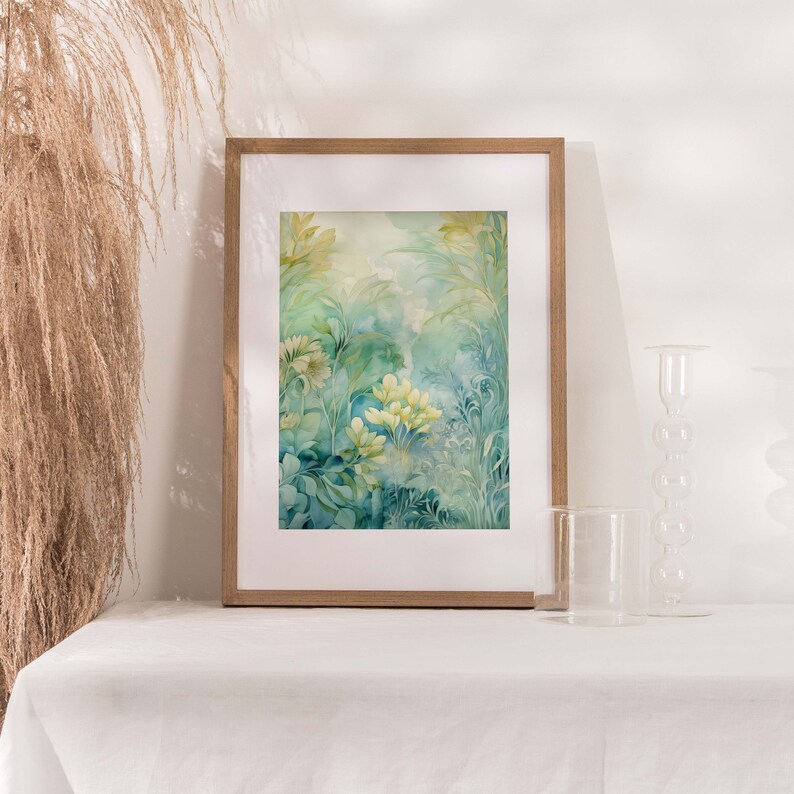 Vintage-inspired watercolor print with delicate foliage and blossoms in tranquil blue, calming green, and soothing beige tones, rendered in muted, dreamy colors, capturing timeless botanical elegance and the tranquil allure of coastal aesthetics.