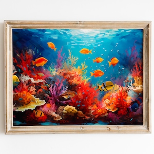 Colorful Coral Reef Oil Painting Digital Download, Nautical Sea Life Wall Art, Under the Sea Digital Art Print, Instant Download
