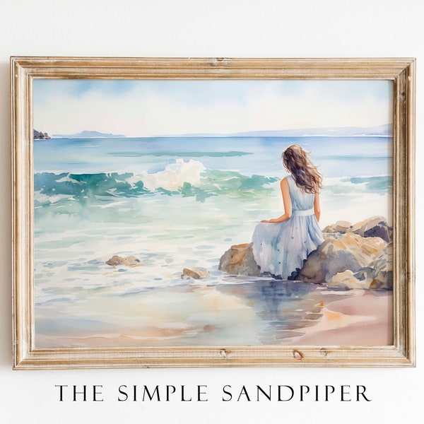 Woman Watching Waves Watercolor Print, Seascape Wall Art, Coastal Instant Prints, Ocean Waves Digital Download The Simple Sandpiper