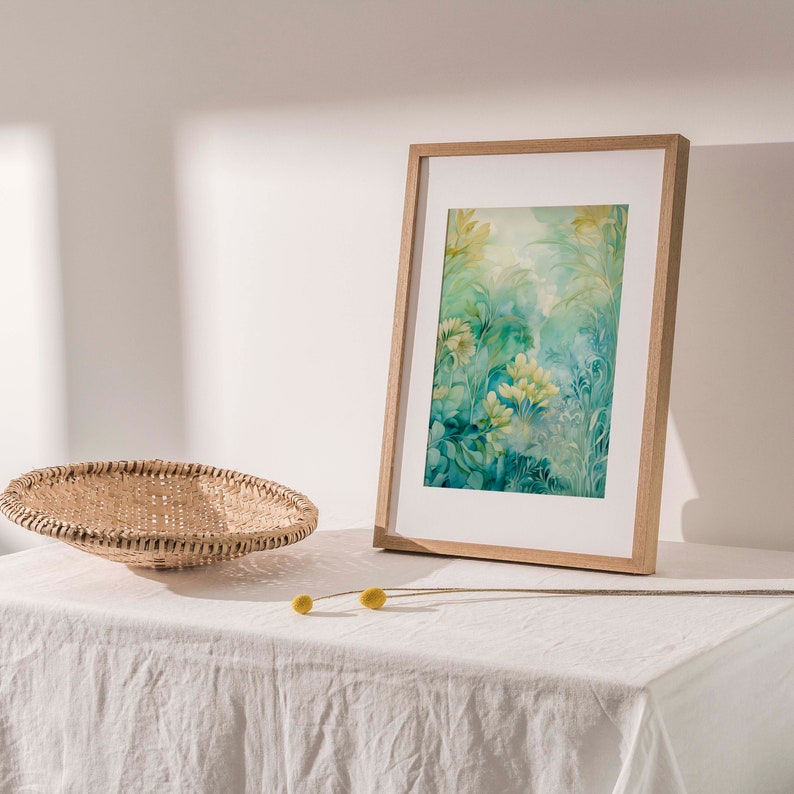 Vintage-inspired watercolor print with delicate foliage and blossoms in tranquil blue, calming green, and soothing beige tones, rendered in muted, dreamy colors, capturing timeless botanical elegance and the tranquil allure of coastal aesthetics.