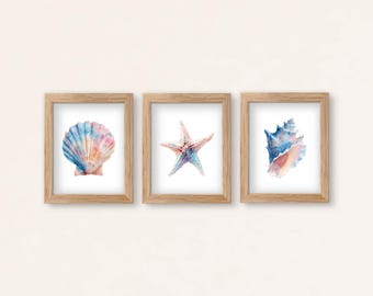 Pastel Coastal Shell Watercolor Prints – Set of 3 Abstract Seashell Art (Digital Download)