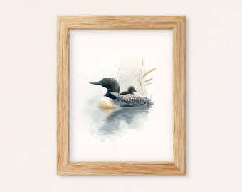 Loon And Chick Watercolor Print: Lake Wildlife Wall Art (Digital Download)