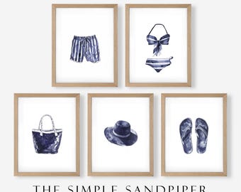 Watercolor Beachwear Prints Set of 5, Minimalist Navy & White Coastal Wall Art, Digital Download for Summer Home Decor Gift