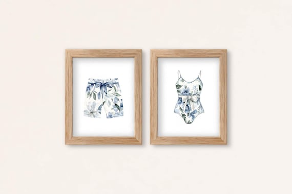 Floral Swimwear Wall Art Set Of 2: Coastal Bathroom Decor (Digital Download)