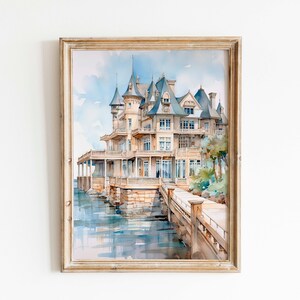 Coastal Elegance Watercolor Print, Waterfront Mansion Art, Nautical Home Decor, Digital Download Gift