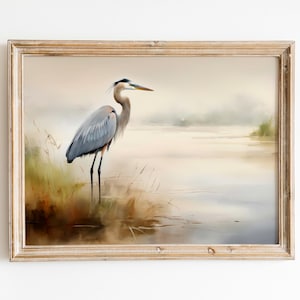 Sandhill Crane Coastal Watercolor Art, Tranquil Seascape Bird Print, Instant Download, Wildlife Wall Decor