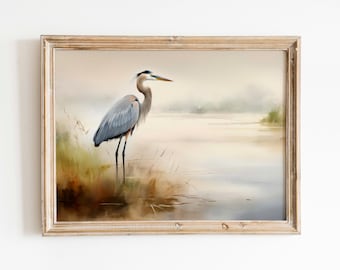 Sandhill Crane Coastal Watercolor Art, Tranquil Seascape Bird Print, Instant Download, Wildlife Wall Decor