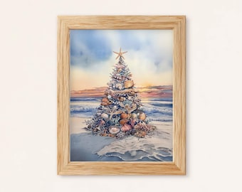 Beach Christmas Tree Watercolor Art: Seashell Holiday Decor (Digital Download)